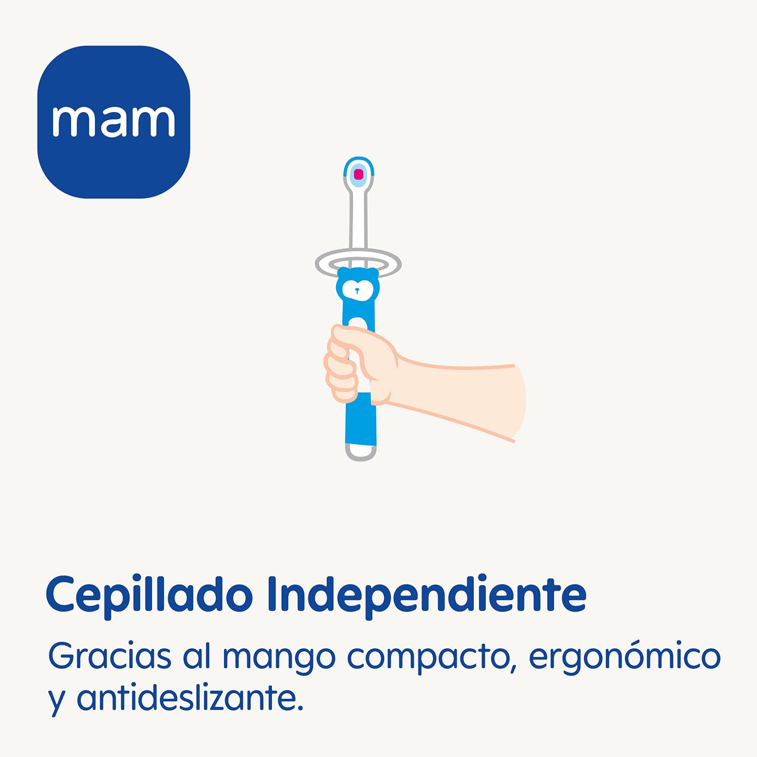 MAM Spazzolino da denti per bambini, manico compatto, ergonomico e antiscivolo, ideale per primi denti, con protezione di sicurezza, testa piccola e setole extra morbide, blu, confezione da 1
