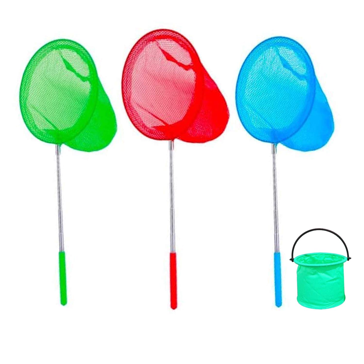 DWTECH 3 Pack Kids Telescopic Butterfly Net Fishing Net Pond Net Extendable (14.5 to 33.8 Inches)+1 Pack Folding Bucketfor Kids Catching Bugs Insect Small Fish Outdoor Beach Garden Activities