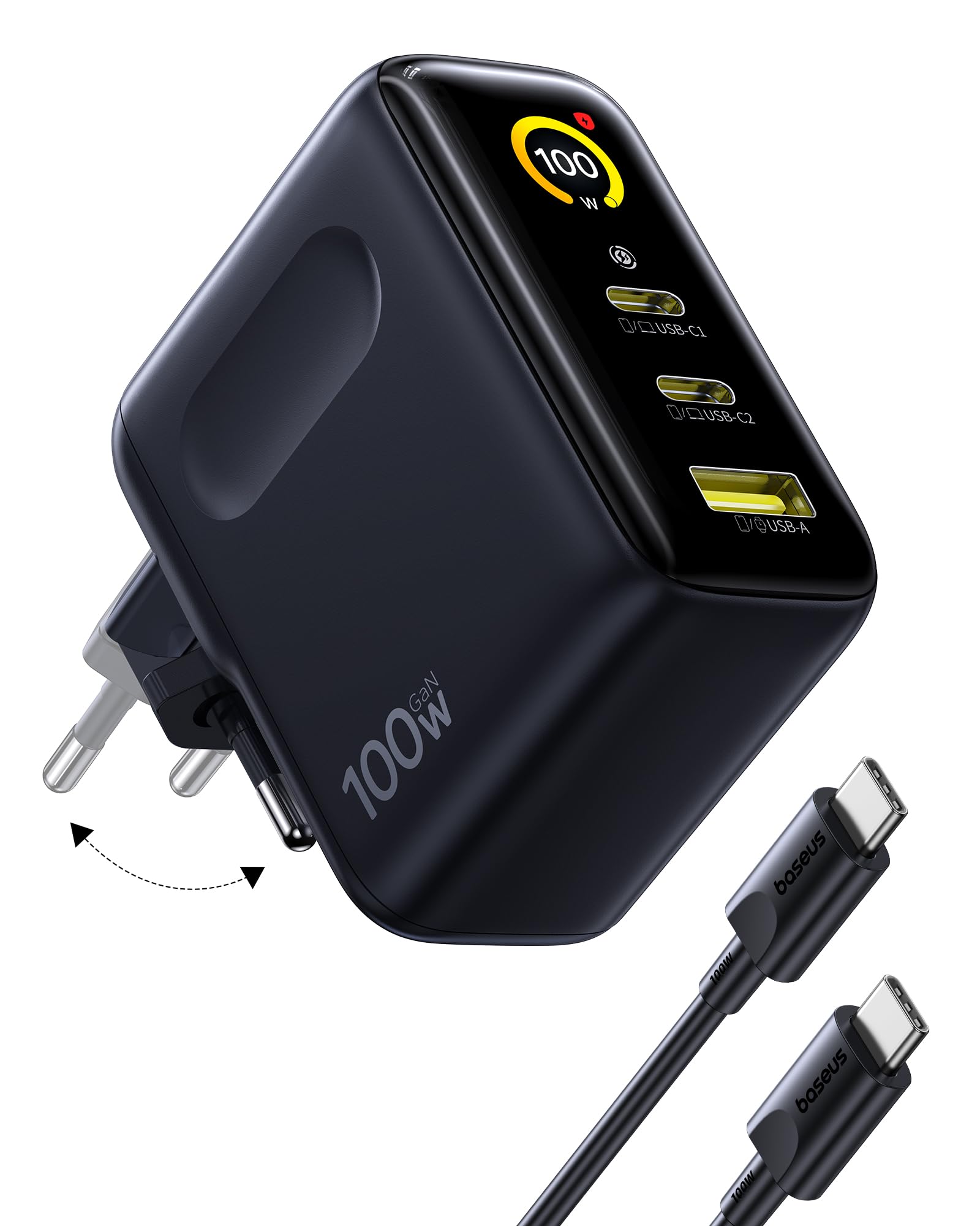 Baseus Picogo AI 100W USB-C Caricatore, Smart Display & Touch Control, 3-in-1 Ricarica Rapida, Avanzato Alimentatore GaN, Compatibile con MacBook, iPhone 17/16/15/14, Samsung, Pixel e Altri