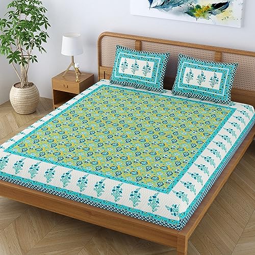Image of Cotton Blend Traditional Jaipuri Floral Printed Premium Bedsheet for Double Bed King Size with 2 Pillow Covers - Light Blue | Proudly Made in India