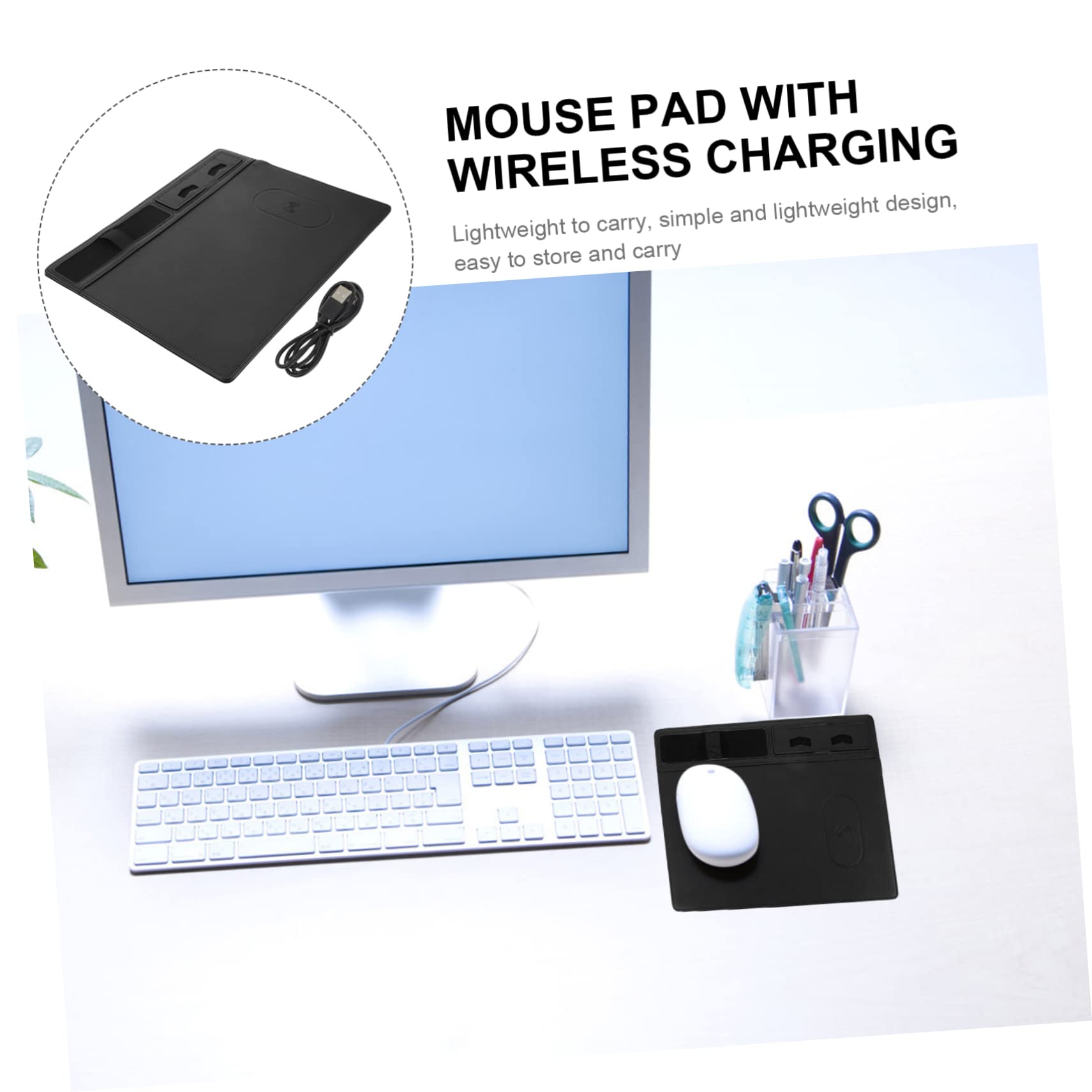 Housoutil Tappetino per Mouse Caricatore Wireless 15w, in Pu Nero, Superficie Anti-spruzzi, per Ufficio e Casa, Multifunzione