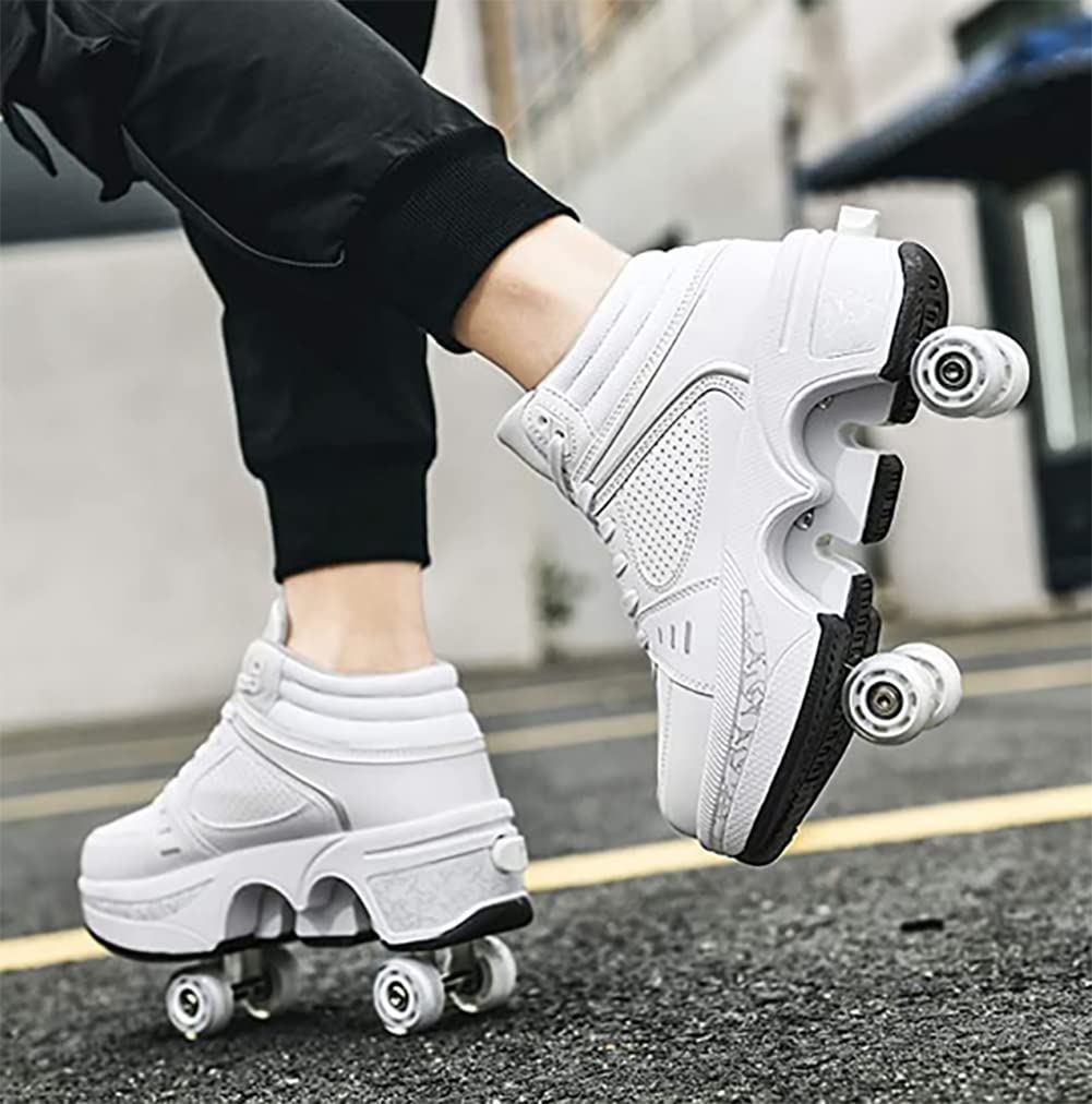 Scarpe con Ruote 2 in 1 per Bambini e Ragazzi, Skateboard, Scarpe da Ginnastica Multiuso, Pattini a Rotelle Quad, Moda, Regalo di Compleanno, Unisex, Bianco, 35 EU