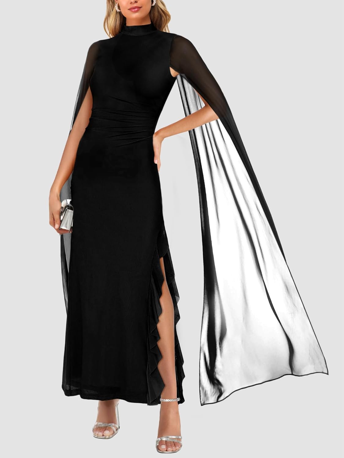 Lrady Women's Wedding Guest Dress Evening Gowns High Neck Formal Cocktail Party Maxi Bodycon Dresses with Cape Sleeve - Image 3