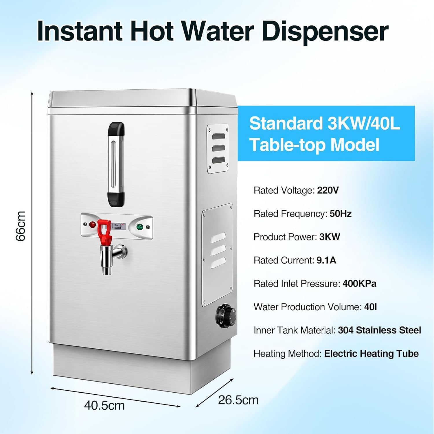 TYH Calentador De Agua Comercial De 40 litros, Dispensador De Agua Caliente Instantánea con Llenado Automático Y Grifo, con Doble Filtración, Termo De Acero Inoxidable