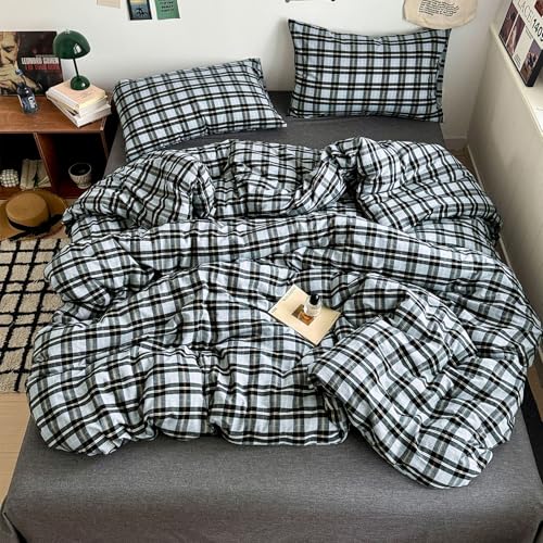 Image of VM VOUGEMARKET Black Grey Plaid Duvet Cover Set King,3 Pieces Washed Cotton Bedding Set,Breathable Luxury Grid Duvet Cover with 2 Pillowcases