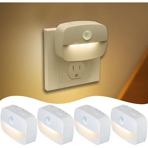 Sossi Motion Sensor Night Light Plug in 4 Pack,10-60Lm Stepless Dimming,3 Light Modes with Memory, Smart Night Lights Plug Into Wall Sensor,Dusk to Dawn Sensor for Bedroom,Toilet,Hallway,Kitchen