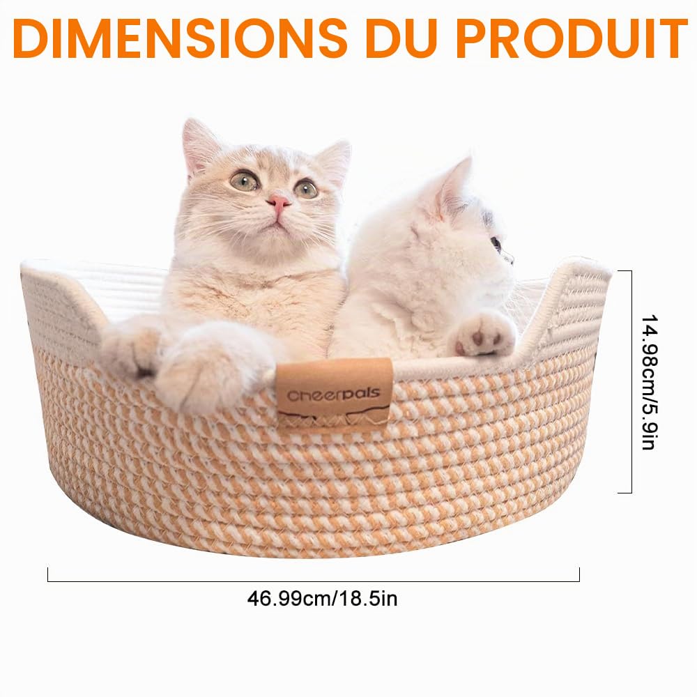 Lit pour Chat avec Coussin, 48 cm Panier pour Chat en Cordes de Coton Tressé, pour Tous Les Chats, Toutes Saisons, Universel