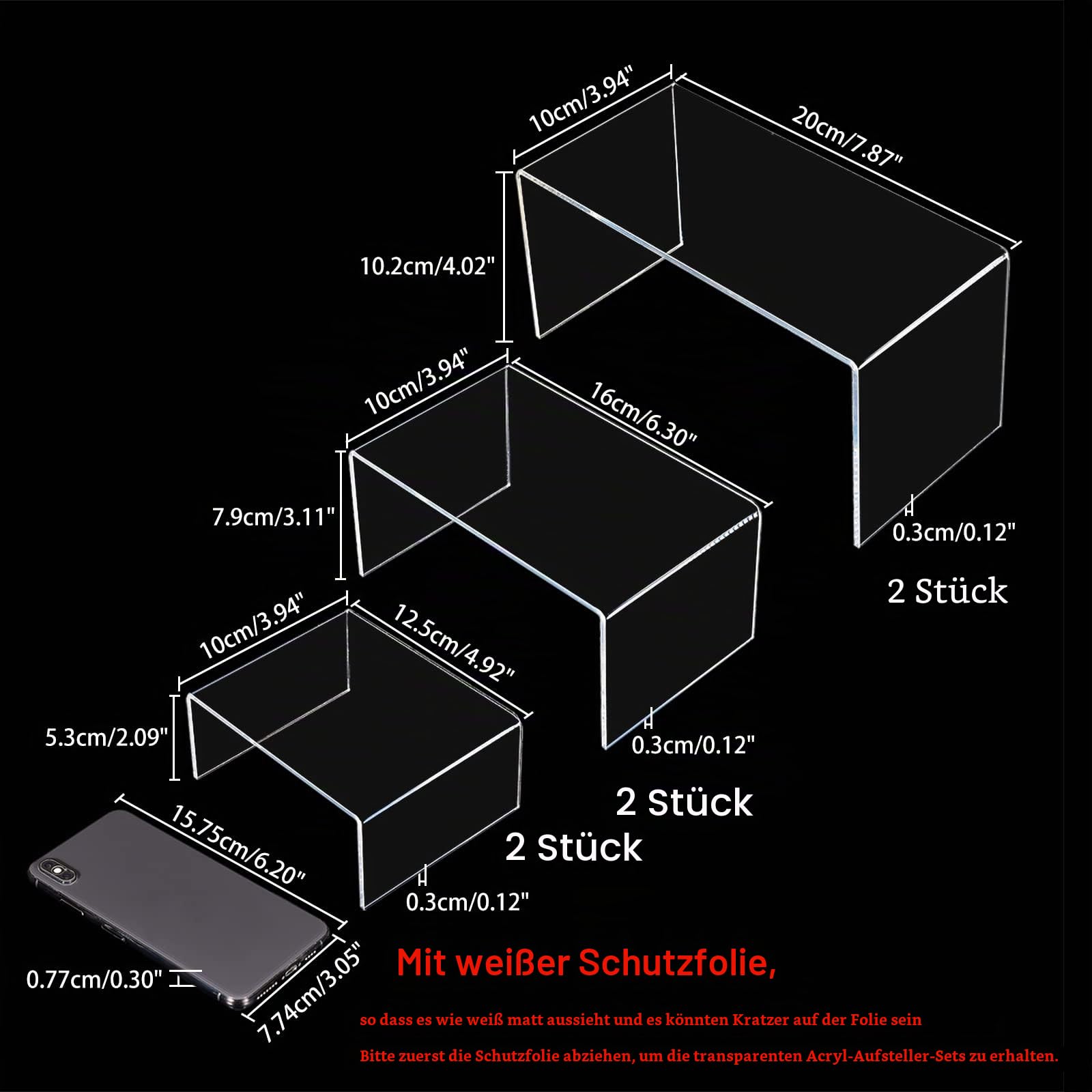 PandaHall 6 Stück Acryl Display Riser Stand U-Förmiger Schmuck Display Halter Klare Acryl Display Ständer Halter 3 Schritte Clear Riser Regal Vitrine Für Schmuck Display Store Fixture Tischdekoration