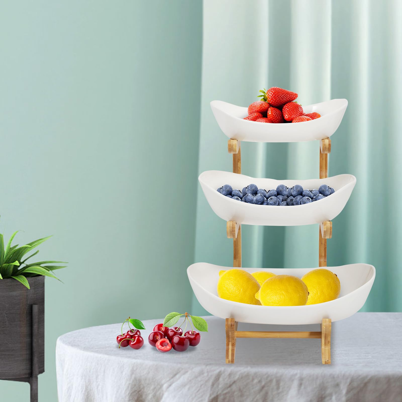DHBREK Home Fruit Bowl Set, Fruit Bowl for Kitchen Counter, 3 Tier Ceramic Fruit Basket, Fruit Serving Tray With Bamboo Wood Stand, Fruit Holder for Kitchen Countertop for Cake Candy (White)
