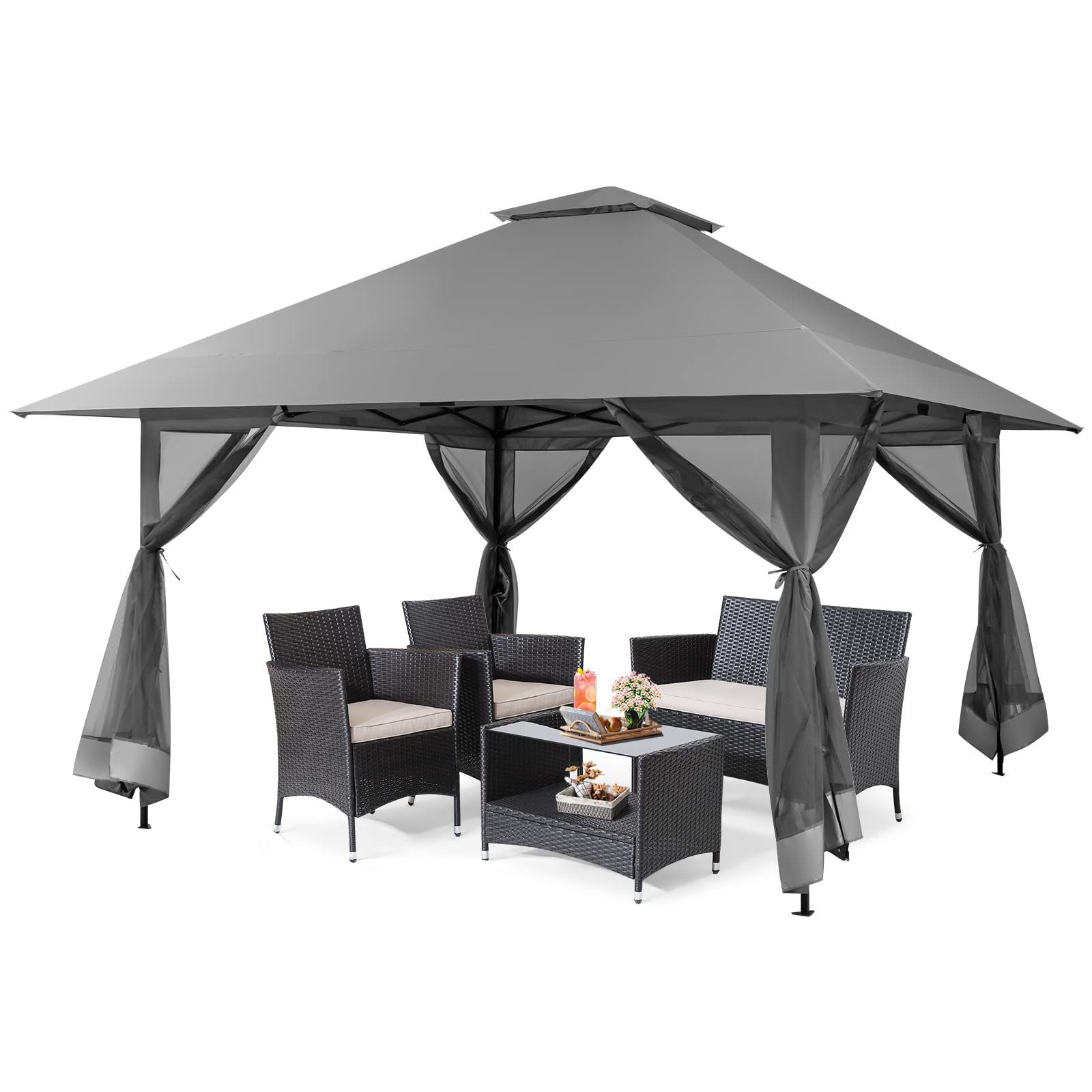 RELAX4LIFE Gazebo da Giardino 4x4M, Pop-up Pieghevole con Zanzariera e Doppio Tetto, Altezza Regolabile per Patio, Giardino e Cortile (GRIGIO)