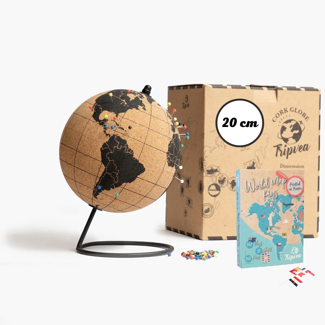 Globo terráqueo con Corcho + 342 Banderas de países del Mundo - Pegatinas de Banderas con chinchetas por la educación y organización de Viajes - Globo 20 cm