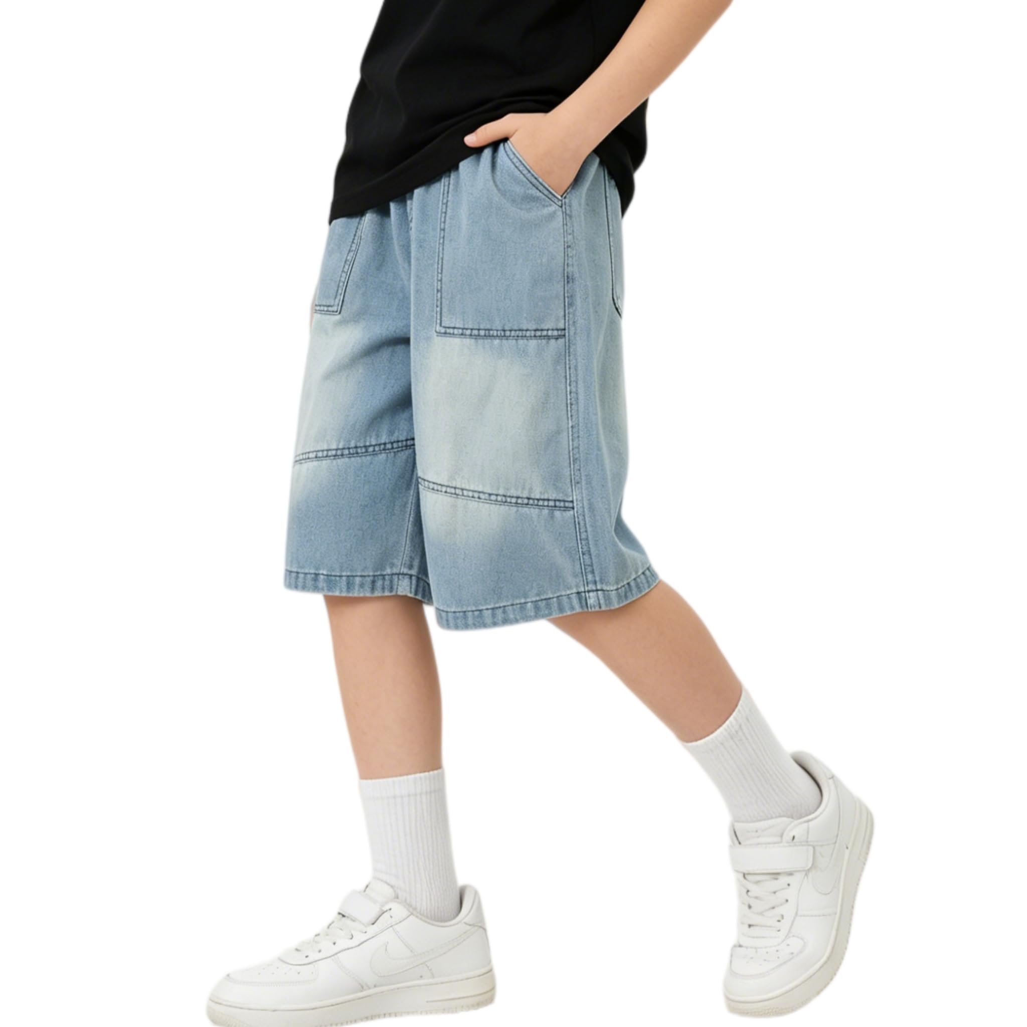 Rolanko Pantalones Cortos Vaqueros Holgados para Niños, Cintura Elástica Pierna Ancha Pantalones Cortos Vaqueros de Verano hasta La Rodilla