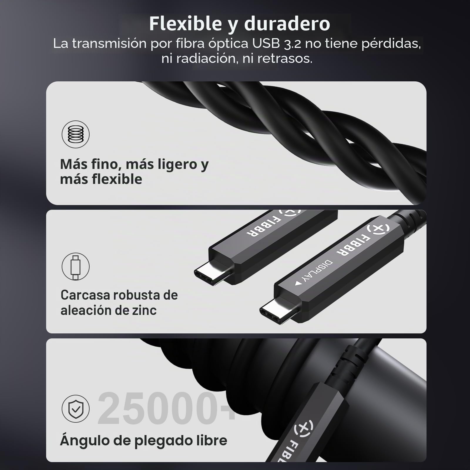 FIBBR 3 en 1 USB C Cable 10M,10Gbps USB C a C Fibra Óptica Cable, 8K Cable USB C Soporta 60W PD para Video Doméstico, Cableado de Monitoreo, Sistema de Visión Artificial, HD Videoconferencia