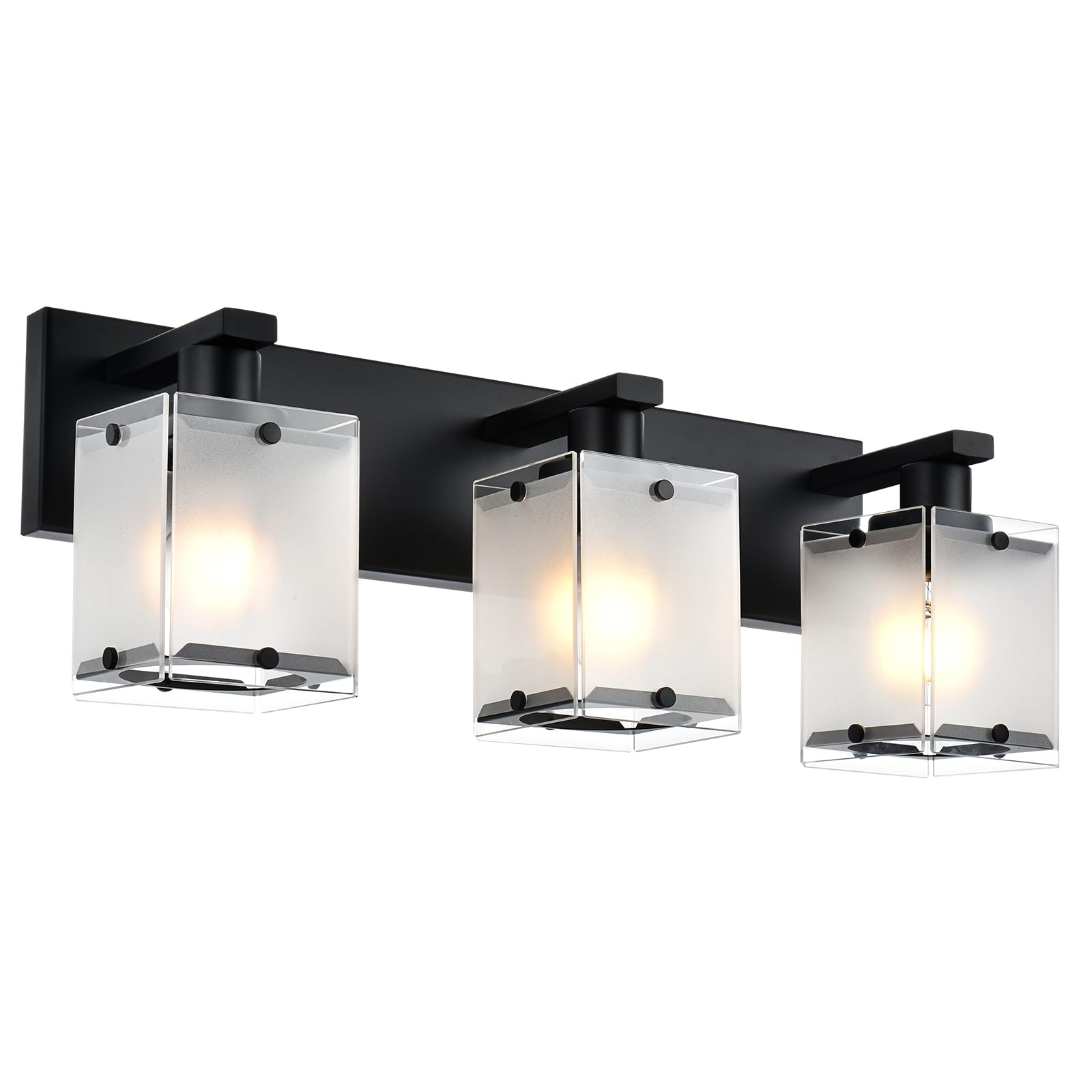 Photo 1 of WINSHEN 3-Lights Bathroom Light Fixture Over Mirror, Modern Black Wall Sconce Vanity Lighting Fixtures with Rectangular Frosted Glass Shade for Bathroom Kitchen Bedroom, E26 Bulb Base Black 3-Lights