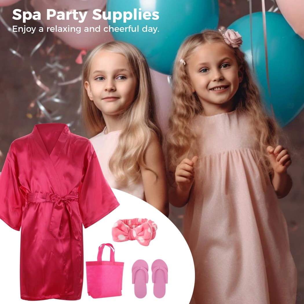 Kit de fiesta de spa de 32 piezas: incluye 8 kimonos de satén, 8 diademas de spa, 8 pantuflas de espuma y 8 bolsas para fiestas de pijamas de niños, fiestas de pedicura y diversión en el salón de