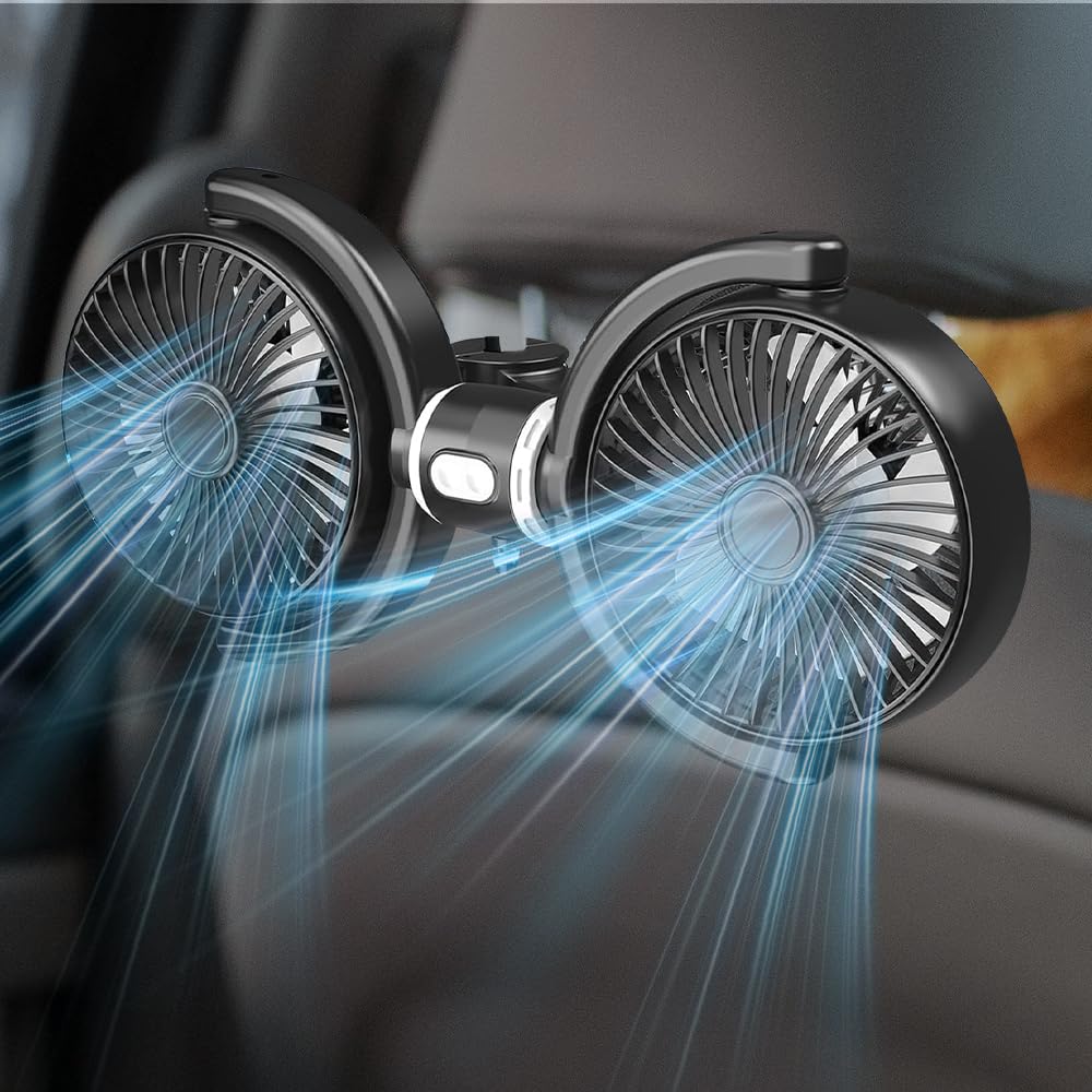 Ventilateur de Voiture à Double Tête, Ventilateur Voiture USB, Siège Arrière, 3 Vitesses, Rotation 360°, Pour Véhicules, Camions, SUV