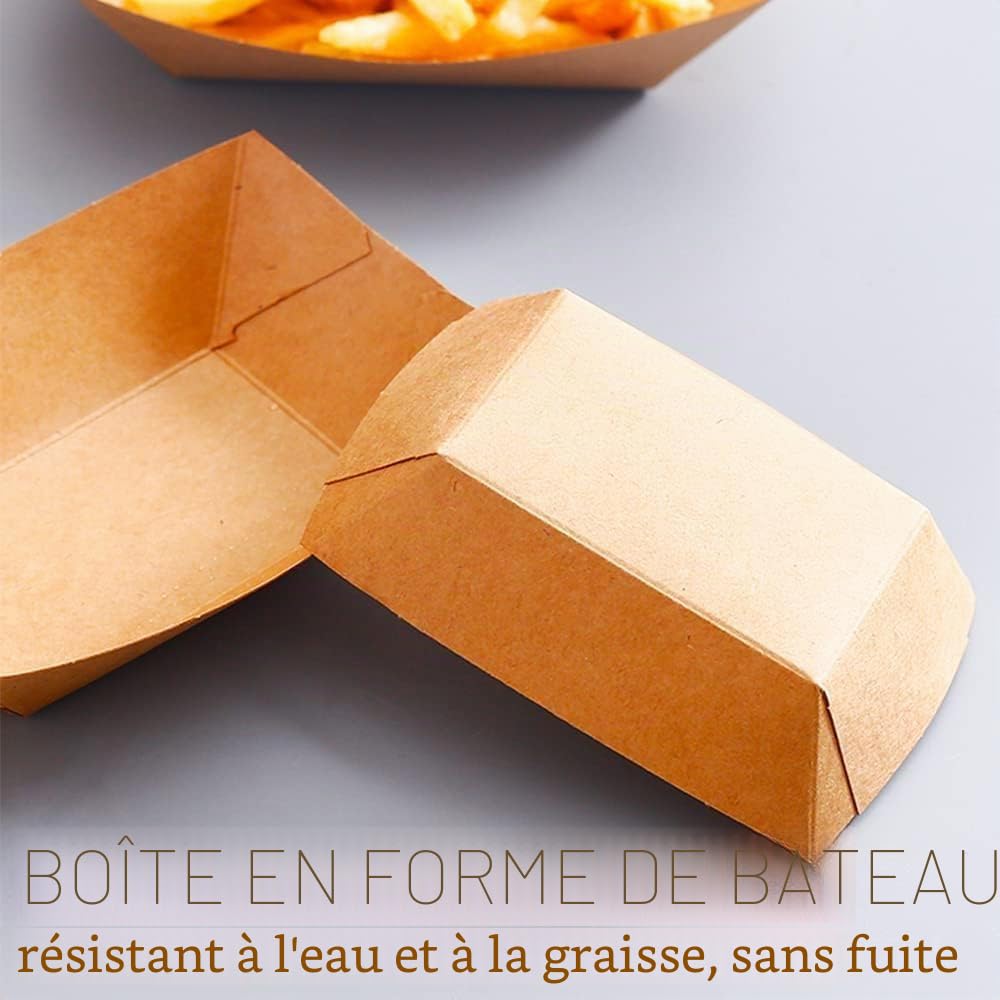 Lot de 100 assiettes en papier kraft Assiettes de service recyclées Boîtes jetables pour frites, hamburgers, barbecues, fêtes