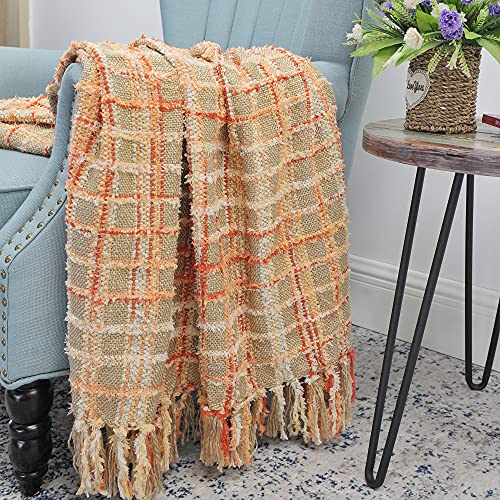 Bytide Multicolored Chenille Knitted Throw Soft Cozy Fluffy Reversible Boho Plaid Throw Blanket With Tassels For Couch Chair Bed Cover Living Room Bedroom Décor, 50" X 60", Burnt Orange #TOP1