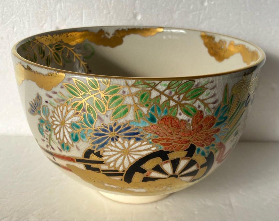 M733 茶碗 菩提寺窯 寛楽造金彩京舞扇絵 抹茶碗 共箱 茶道具 水指