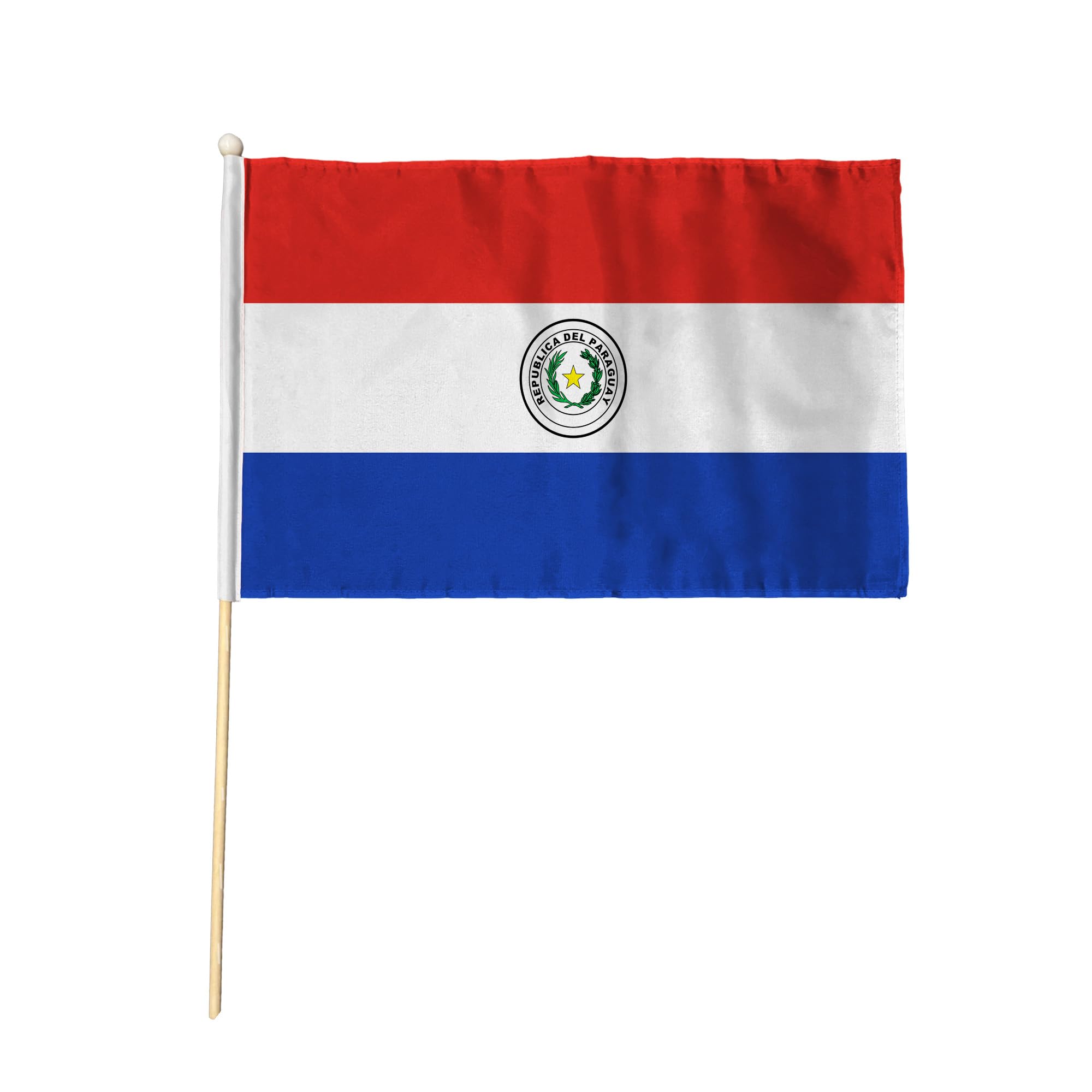 Flagtex Paraguay Pack of 2 Hand Waving Flag (9x6 Inch) - Premium Wooden Stick Hand Flag 9x6 Inch Natural Wood Pole Red White Blue Stripes Coat Arms Flag Events Parades