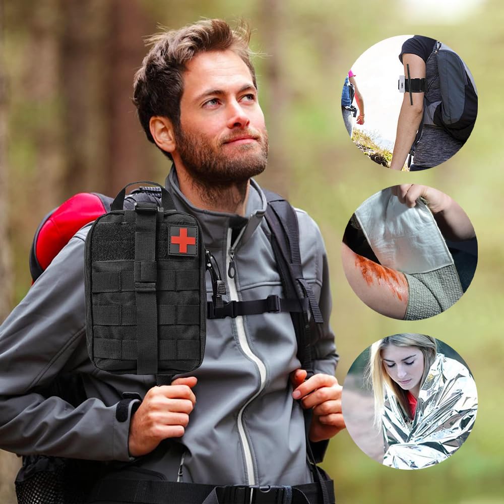 Kit Pronto Soccorso Militare Completo, 61 Pezzi First Aid Kit per Esterni, Trauma First Aid Kit per Auto, Casa, Viaggi, Campeggio All'Aperto, Escursionismo (Nero)