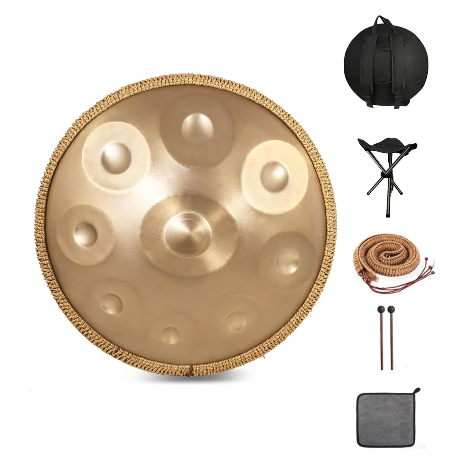 Tamburo in Acciaio per Handpan a 432 Hz 9 Note Gold Performer da 22 Pollici in Re Minore con Supporto per Handpan, Custodia per Handpan, Mazze Resistenti E Panno Antipolvere