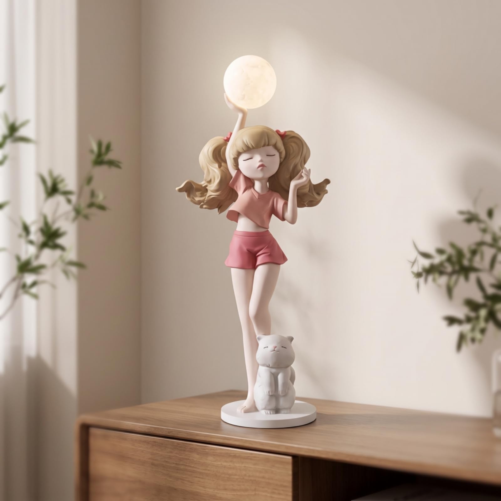 TISHITA Lámpara Figura de Chica Escultura Estatua Luz de Mesa con Toque Artístico y Brillo Ambiental Suave Material Resistente de Fibra de Vidrio con Gato en, Azul, 62cm 27cm