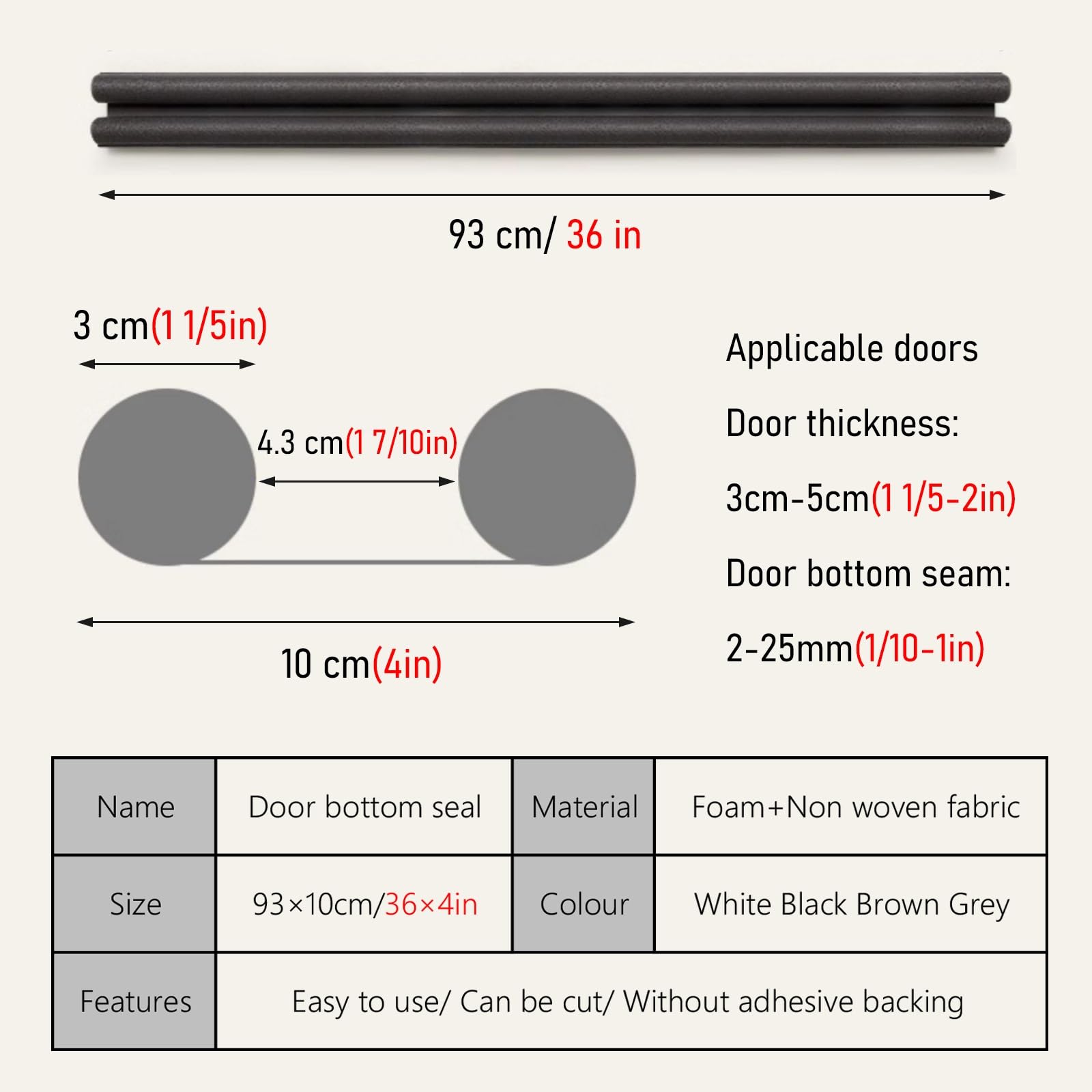 Paraspifferi per Porte Striscia di tenuta inferiore per porta da 93 cm, antirumore, sotto la porta, paraspifferi, resistente alle intemperie, 1 2 3, 4, confezione da 5, impermeabile per(Black,5 pcs)