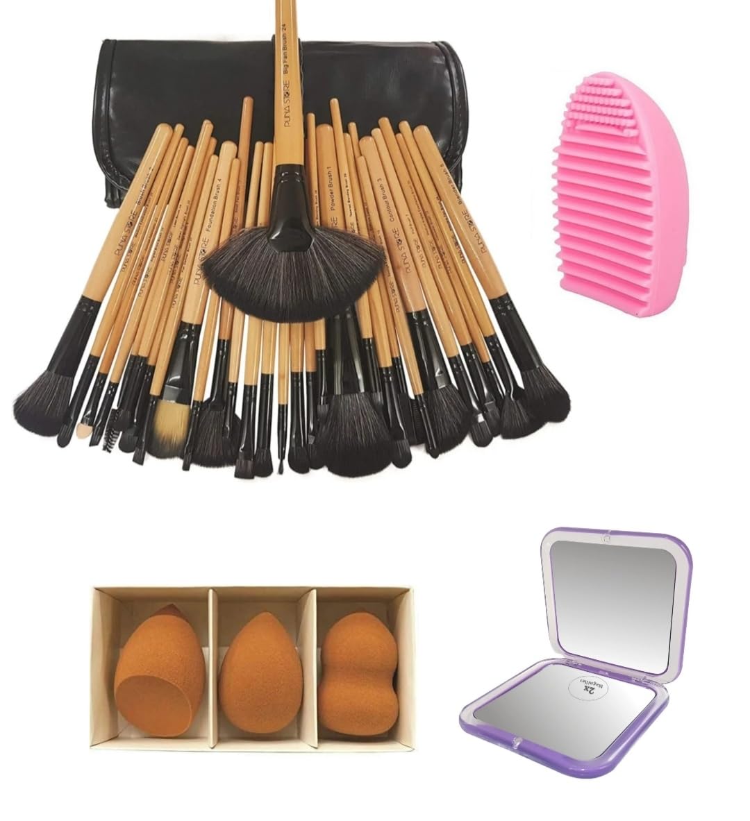 Puna Store Combo Set of 30 Piece Premium Synthetic Makeup Brush Set (Bamboo) with 3pc Makeup Blender Set, Makeup Brush Cleaning Egg, Pocket Makeup Mirror,Cruelty-Free Vegan Brushes