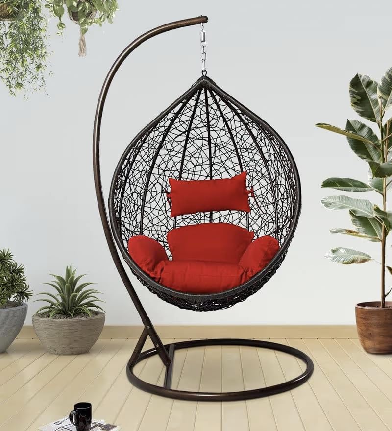 Image of Single Seater Swing Chair with Stand & Cushion Outdoor Indoor Balcony Garden Patio, Powder Coated Frame, UV-Protected Wicker, Premium Cushion, Swing Chair (Black-RED)