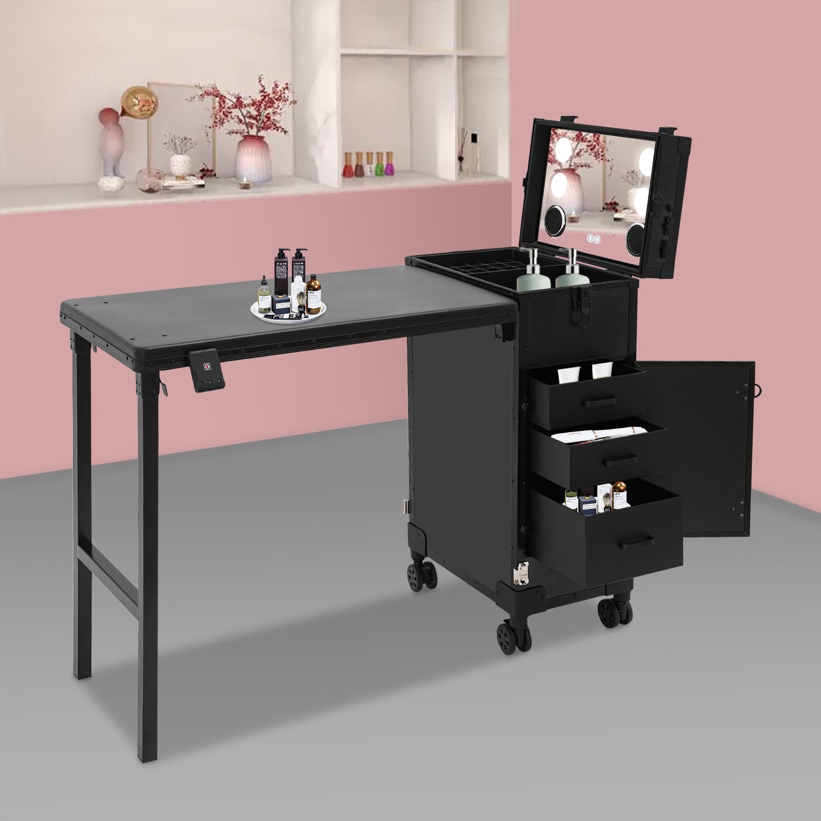 Valigetta cosmetica da donna con specchio e Bluetooth per trucchi e cosmetici, valigetta da parrucchiere con ruote universali e custodia rigida, Nero
