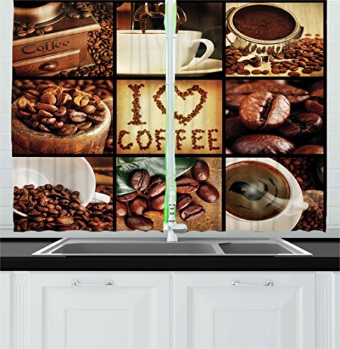 Ambesonne Brown Kitchen Curtains, I Love Coffee Theme Collage Roasted Beans Brewing Machines and Cups Aromatic Drink, Window Drapes 2 Panel Set for Kitchen Cafe Decor, 55" X 39", White Brown