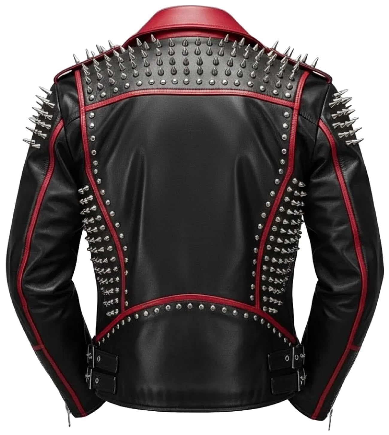 Giacca da motociclista nera e rossa da uomo, con borchie, stile gotico, slim fit, punk, rock, Halloween, capispalla