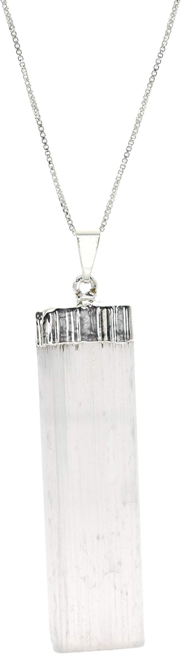 LTC DesignsRaw Selenite Flat Pendant Necklace on Sterling Silver Box Chain, 18" for Men. Women, and Friends