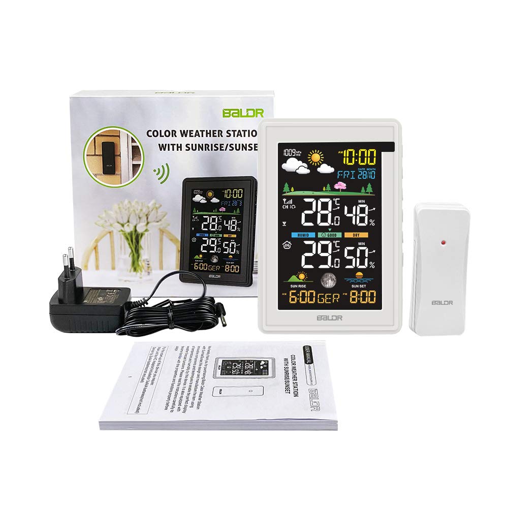 Konsen Wetterstation funk mit Außensensor Multifunktionale Funkwetterstation DCF Funkuhr Digital Thermometer Hygrometer mit Wettervorhersage, Weiß