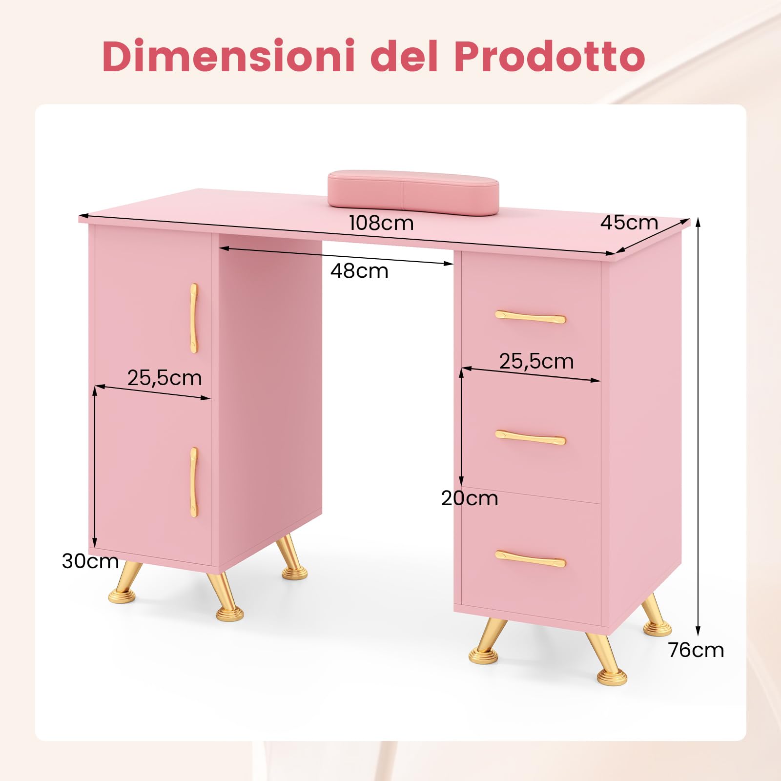 COSTWAY Tavolo per Manicure, Tavolo per Unghie con Cassetti, Cuscino Poggia Polsi e Gambe in Metallo, Stazione per Unghie Estetista Nail Art per Salone di Bellezza (Rosa)