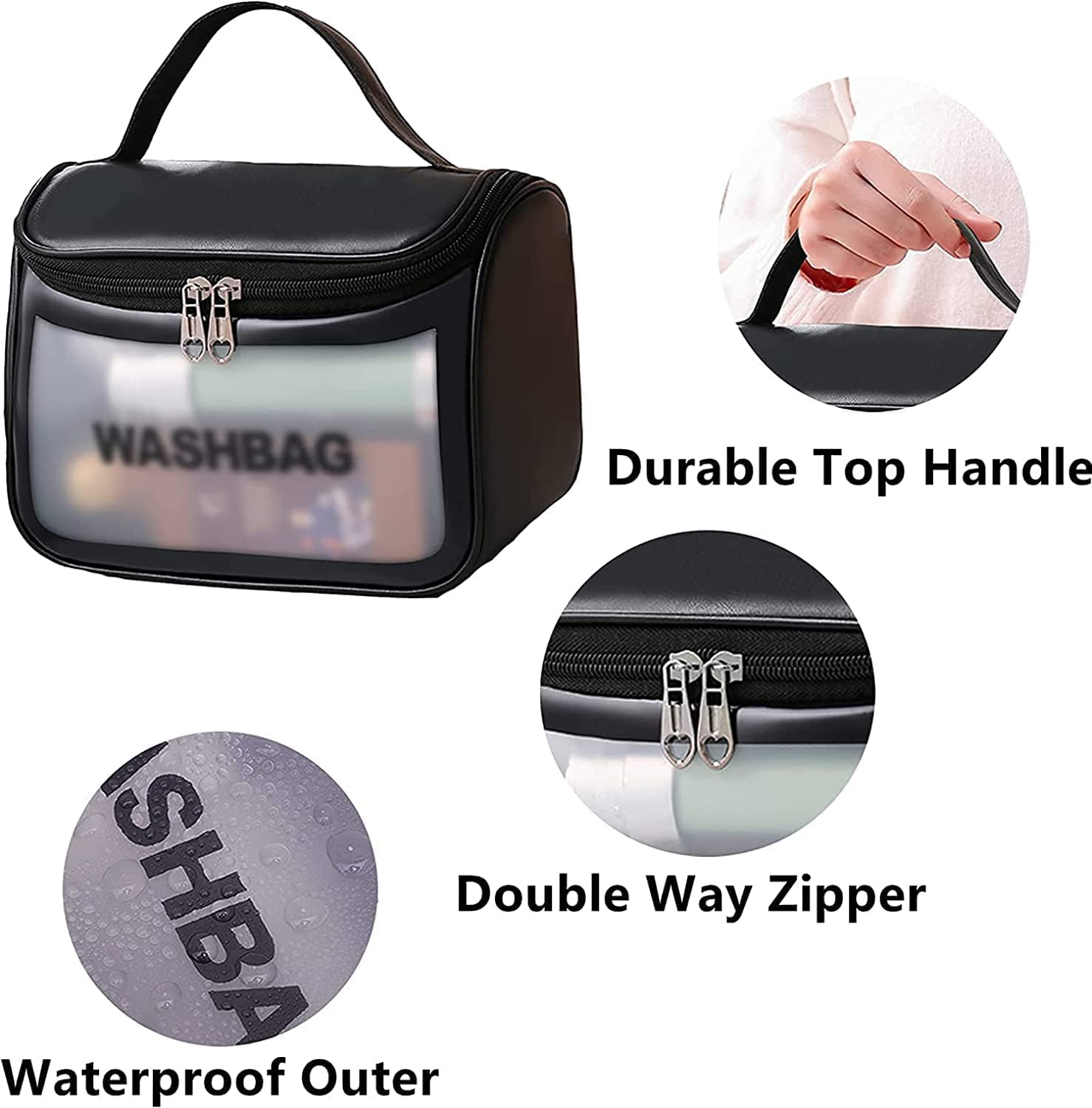 ADQIN Wash Bag Half Round (Black) with Hanging Hook - Waterproof Toiletry Bag for Travel, Makeup Organizer Pouch, Personal Care Storage Case (22 x 12 x 16 cm) 4