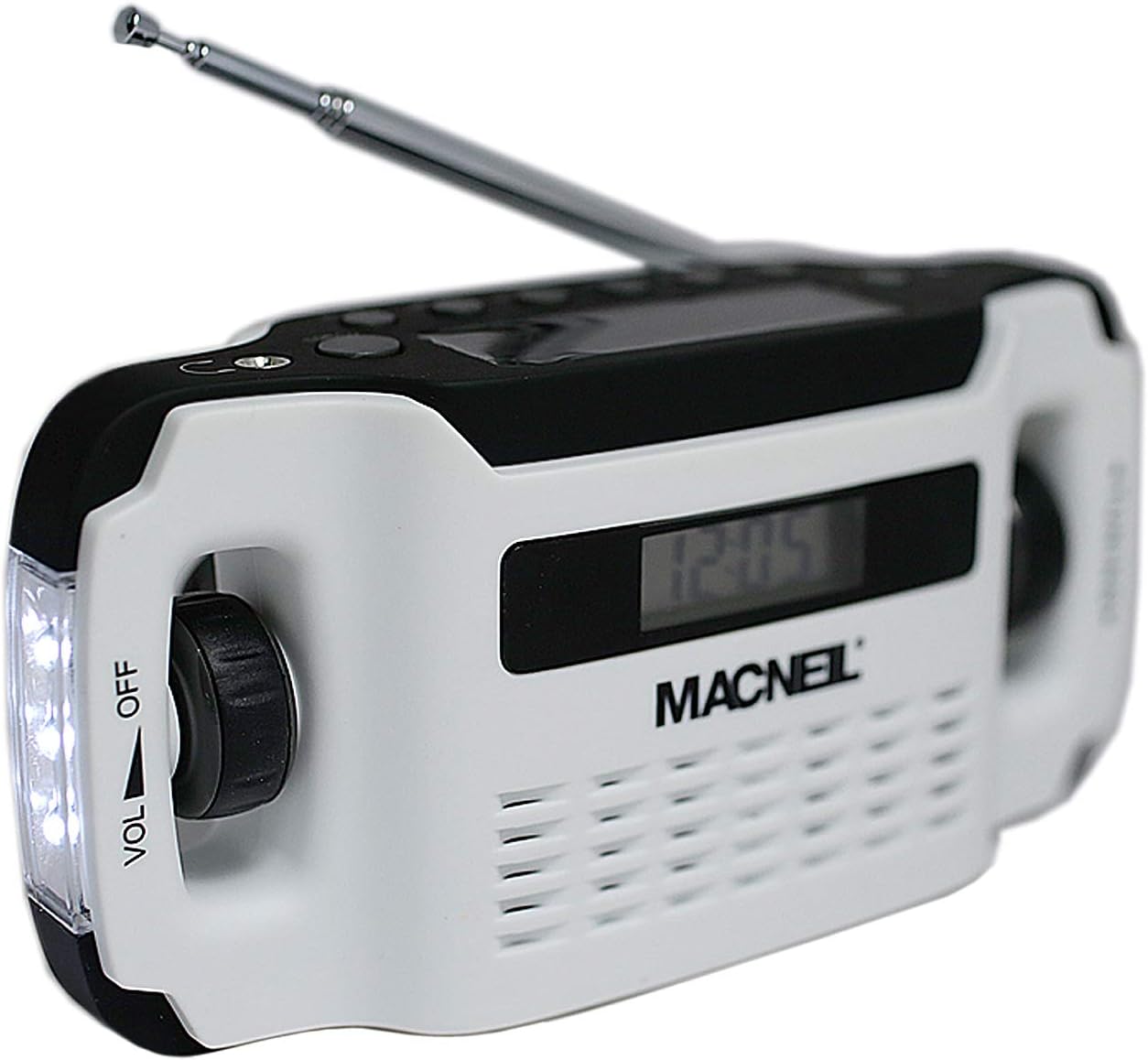 Macneil Windup and Solar Powered Portable AM/FM Radio with Built-in LED Torch and USB Charging Cable - Ideal for Walking, Hiking Camping and Home Office/Kitchen use - in Alpine White