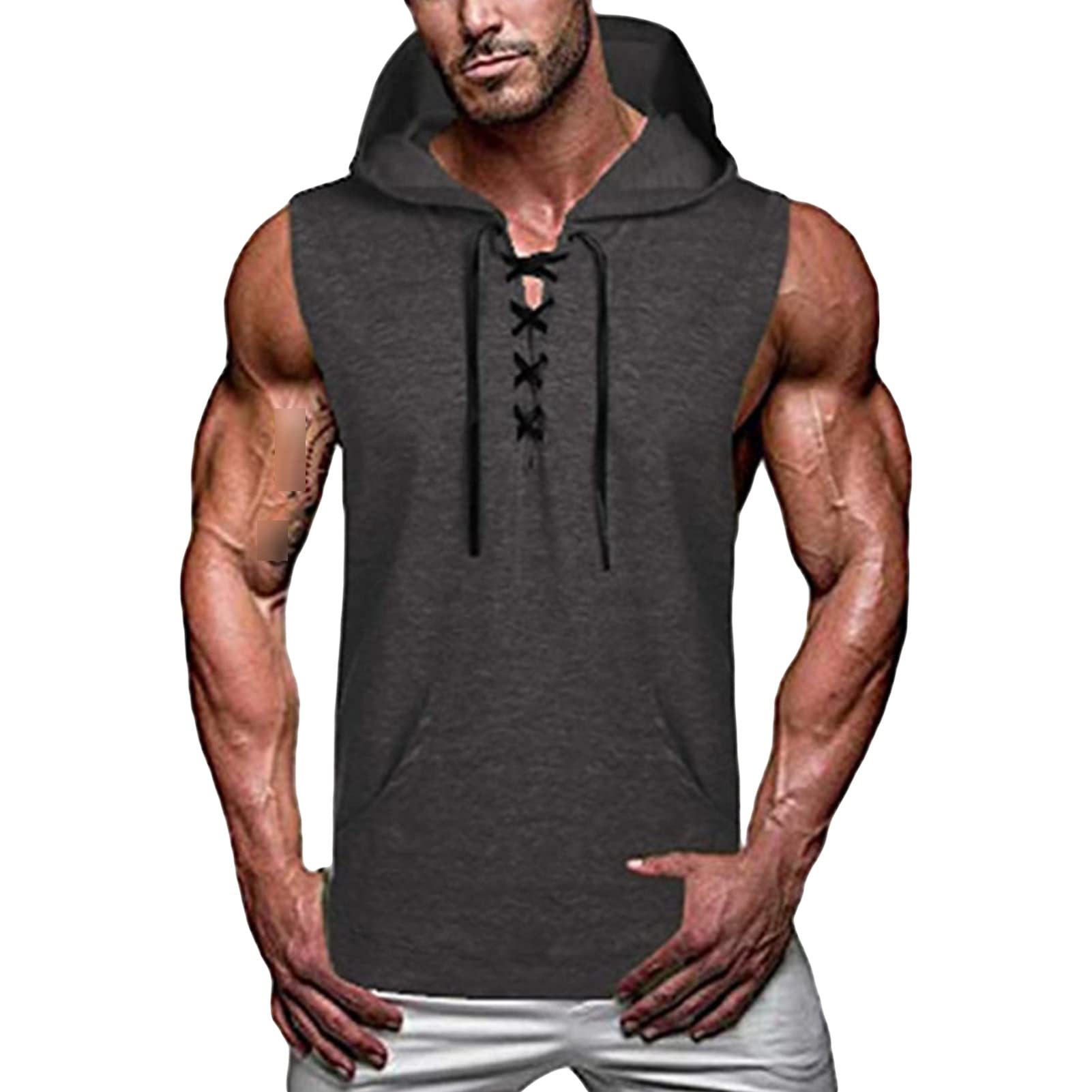 Maiyifu-GJ Men's Lace up Hooded Tank Top Sleeveless Gym Workout Hoodie T Shirt Bodybuilding Fitness Muscle Hoodies Vests (Grey,X-Large)