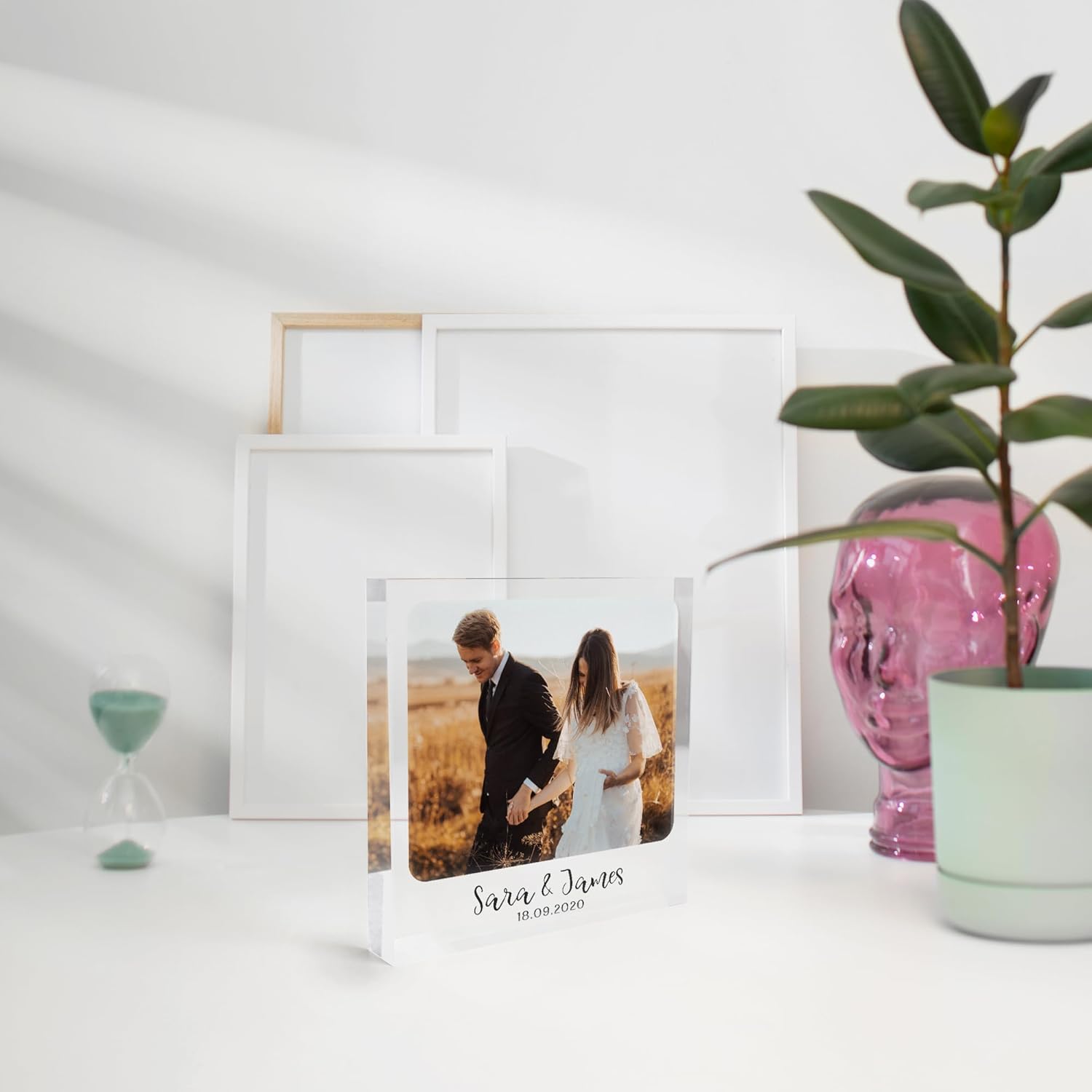 Customized Acrylic Photo Cube, Freestanding Acrylic Block Frame, Durable Photo Cube for Desk Decor, Non Breakable Frames, Personalized Photo Gift for Birthday, Valentines Day, Anniversary, Wedding, Graduation, Keepsake Gift for Her Him (Design 2, 5x5 in)