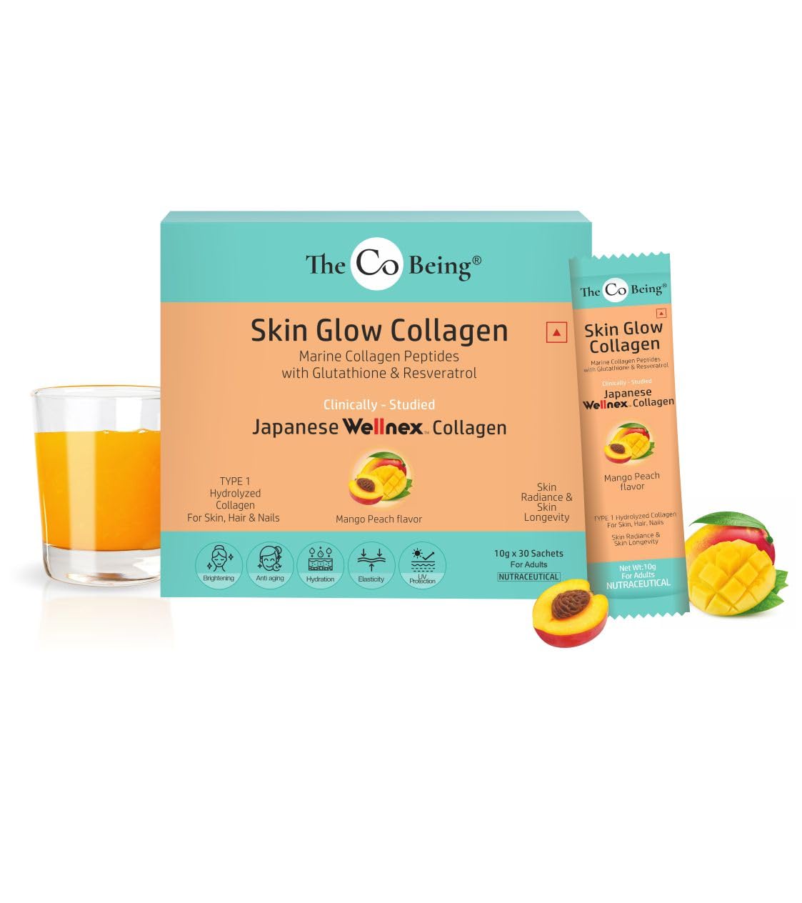 The Co Being Skin Glow Collagen Powder | Collagen Supplement for Skin and Hair | Formulated with Resveratrol, Glutathione | 10g x 30 Sachets | Mango Peach Flavour
