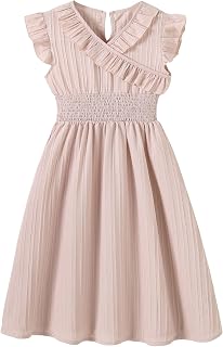 Girl's Wrap V Neck Ruffle Cap Sleeve Shirred Flared A Line Dress
