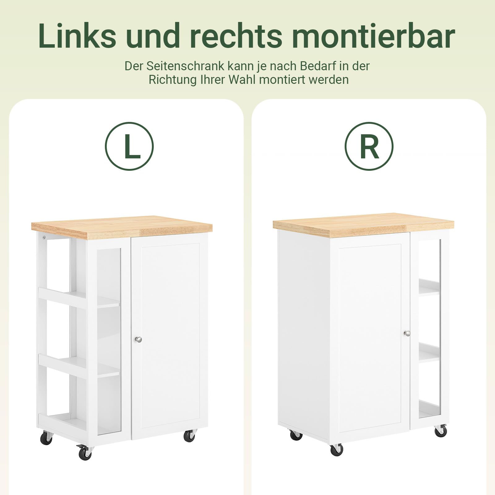 SoBuy Küchenwagen mit 3 Ablagen, Arbeitsfläche und Schrank – Servierwagen für Küche, Wohnzimmer & Esszimmer – Perfekt für kleine Räume, Weiß-Natur 60x90x40cm FKW75-WN