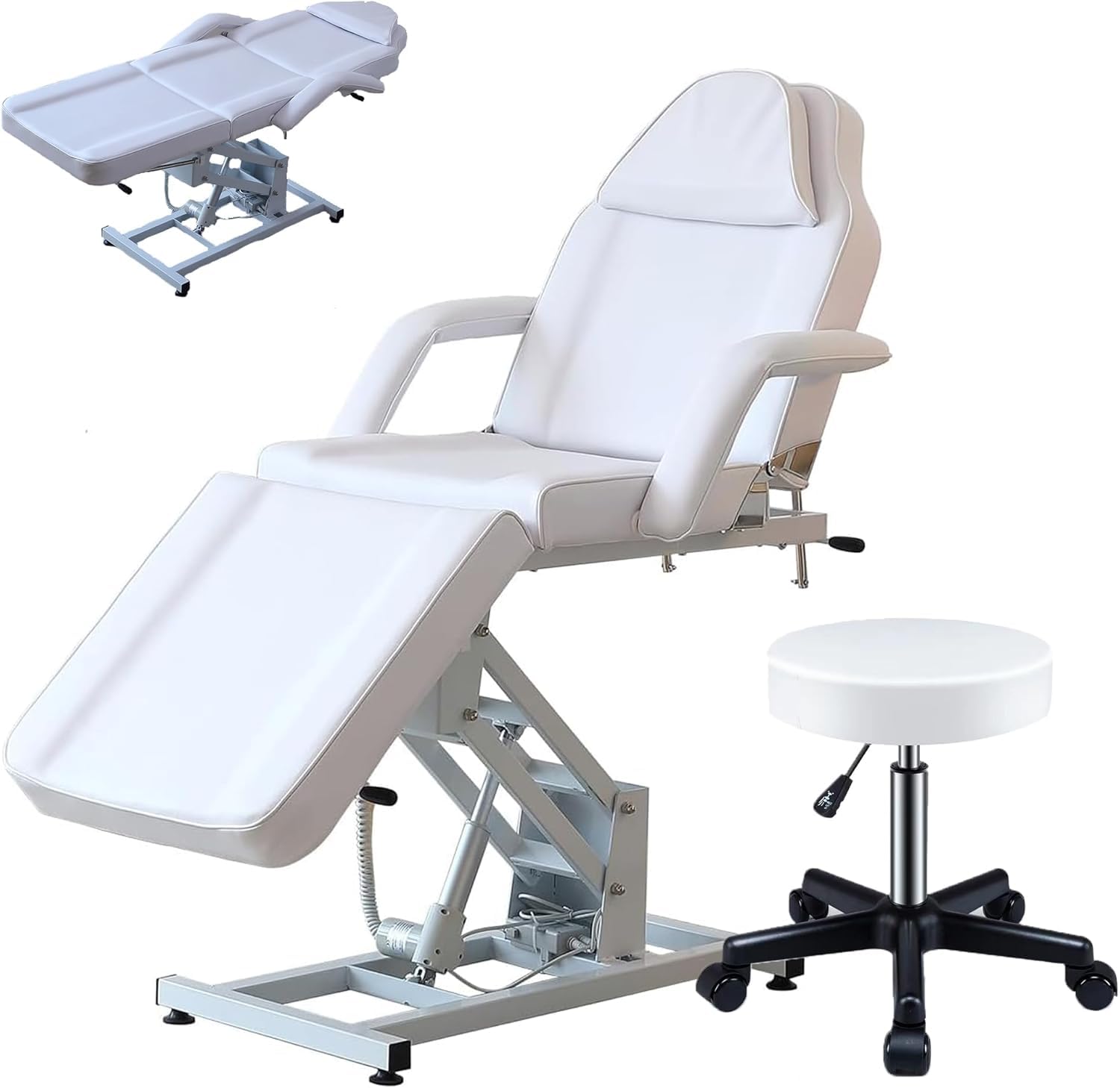 LSLIFE Elektrische Massageliege Kosmetikliege mit Hocker Verstellbare 3-teilige Massageliege Salon elektrisch Massage Abnehmbare Armlehnen Kopfstütz für Salon, Tattoo Gesichtsbehandlung SPA (Weiß)
