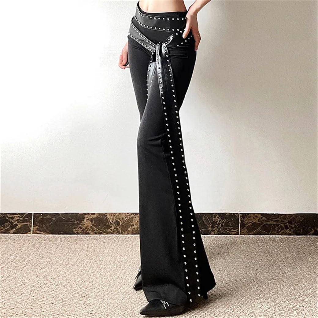 Pantaloni a Zampa a Vita Alta da Donna, Pantaloni Casual in Stile Gotico, Pantaloni Aderenti con Cintura in Pelle (Nero M)