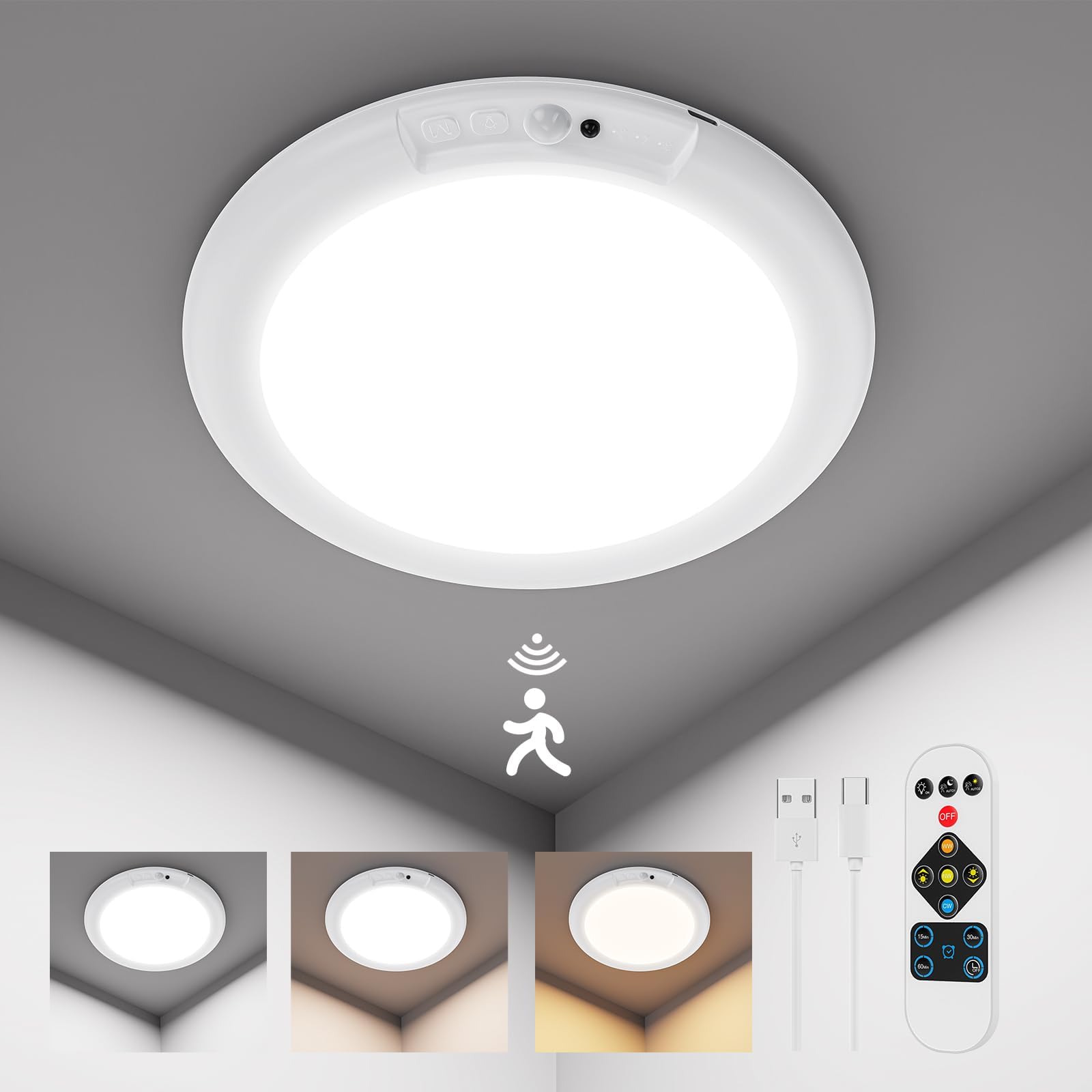 HURYEE Rechargeable Motion Sensor Ceiling Light with Remote, Battery Ceiling Light Wireless, 3 Colors Dimmable Indoor Overhead LED Lights for Closet Shower Pantry Shed Hallway Porch