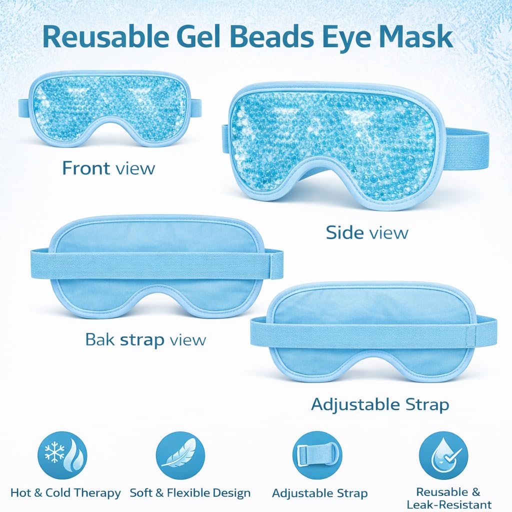 Reusable Gel Beads Eye Mask for Hot & Cold Therapy | Cooling Eye Mask for Sleeping, Puffy Eyes & Eye Relaxation | Adjustable Elastic Strap | Unisex | Light Blue — Amazon image 4