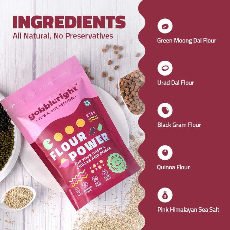 GOBBLERIGHT Lentils & Millet Instant Chilla Dosa Premix (275g - Pack of 1) | Healthy 22.2g Protein & Fiber Rich Vegan Breakfast | Black Gram Powder & Green Moong Dal Flour Batter | Gluten Free & Vegan 2