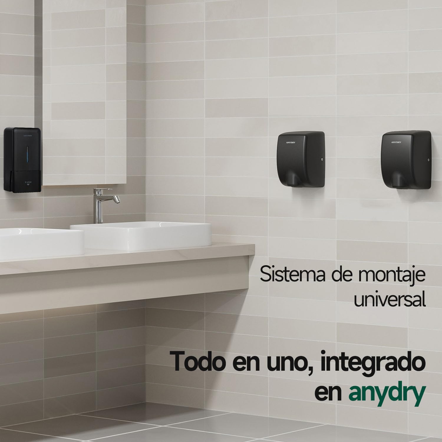 anydry Secamanos 2803Y Mini, Flujo de Aire de Alta Velocidad 1350W, Acabado en Acero Inoxidable Mate Negro, Diseño Compacto para Uso Comercial y doméstico(Mate Negro)