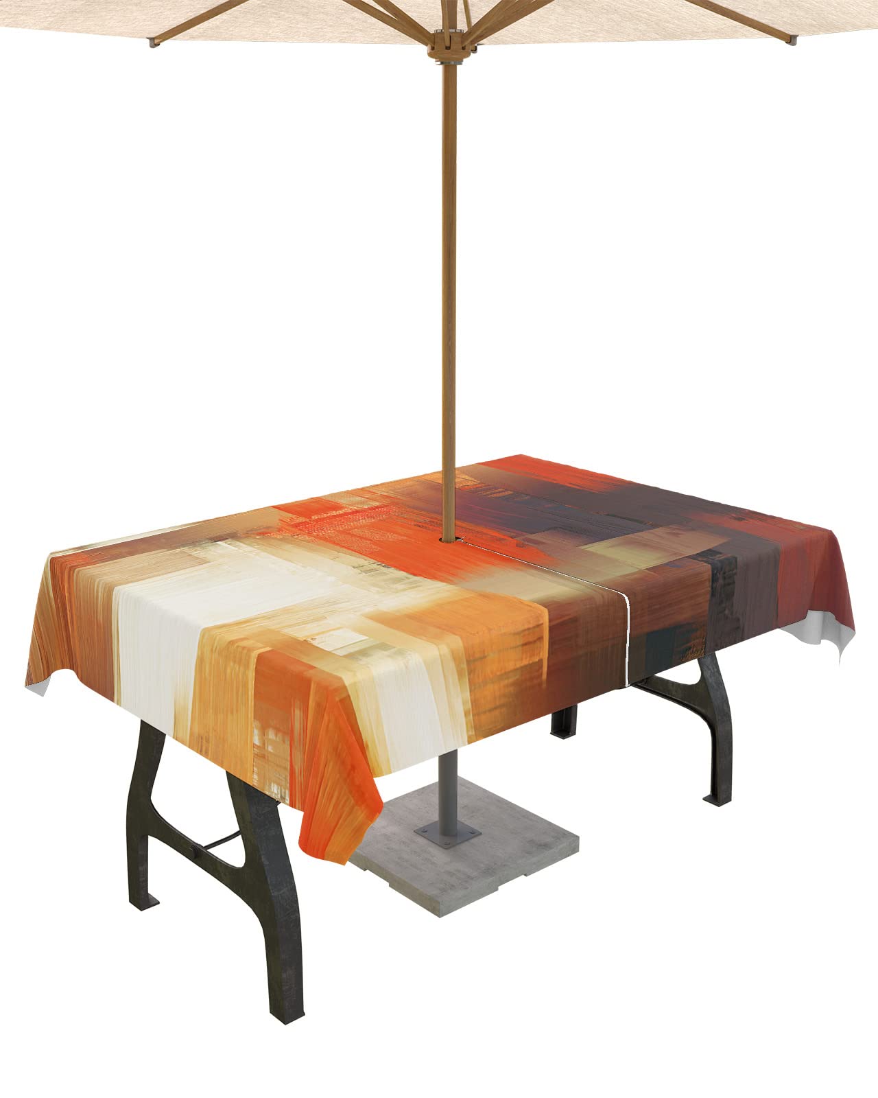 Outdoor Tablecloths with Umbrella Hole and Zipper, Burnt Orange Waterproof/Stain Resistant Rectangle Table Cloth 54x80 Patio Table Cover for Picnic/Party Modern Geometric Oil Painting Abstract Art